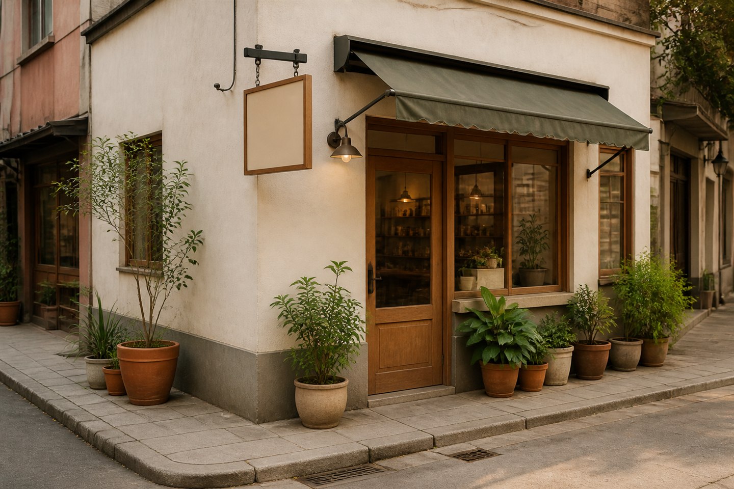 街角本地门店外观,门前摆放绿植